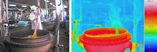 旧給食センターの蒸気式回転釜での作業の様子（左）とサーモグラフィ画像（右）。釜の側面が高温になっている様子がわかります。